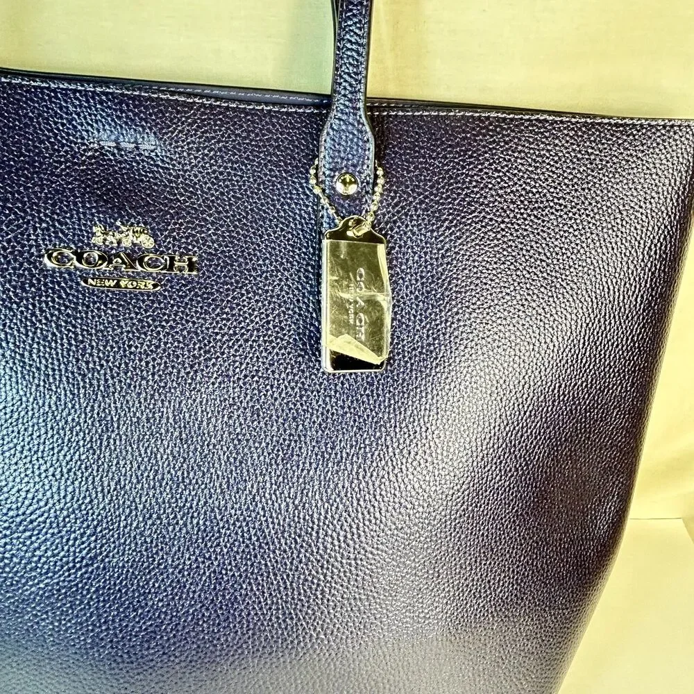 Coach NWT #679983 Navy Blue Iridescent Pebble Leather Large Town Tote